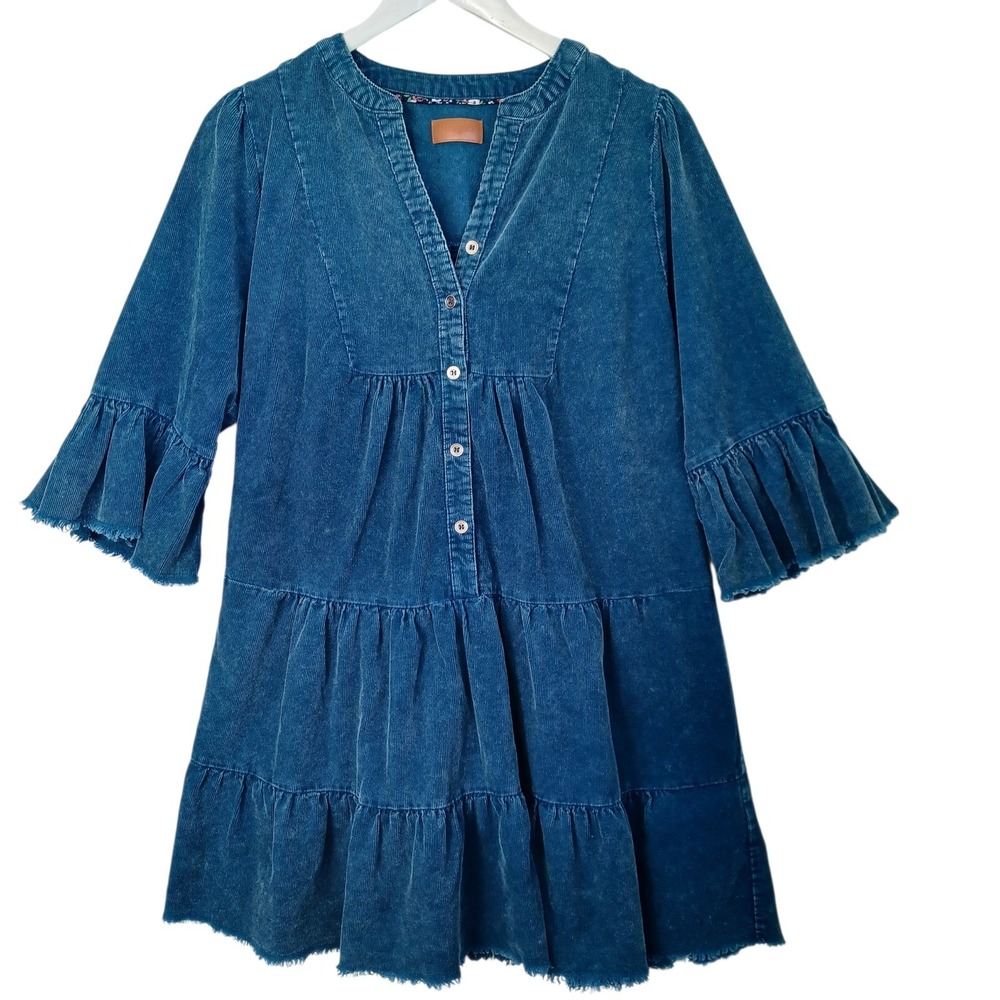 Umgee Corduroy Dress Tiered Ruffle‎ Sleeve V Neck Button Front Teal Blue Size S